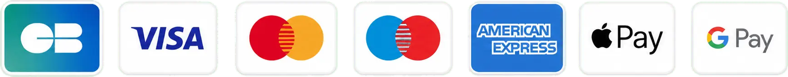 CB, Visa, Mastercard, Maestro, American Express, Apple Pay, Google Pay